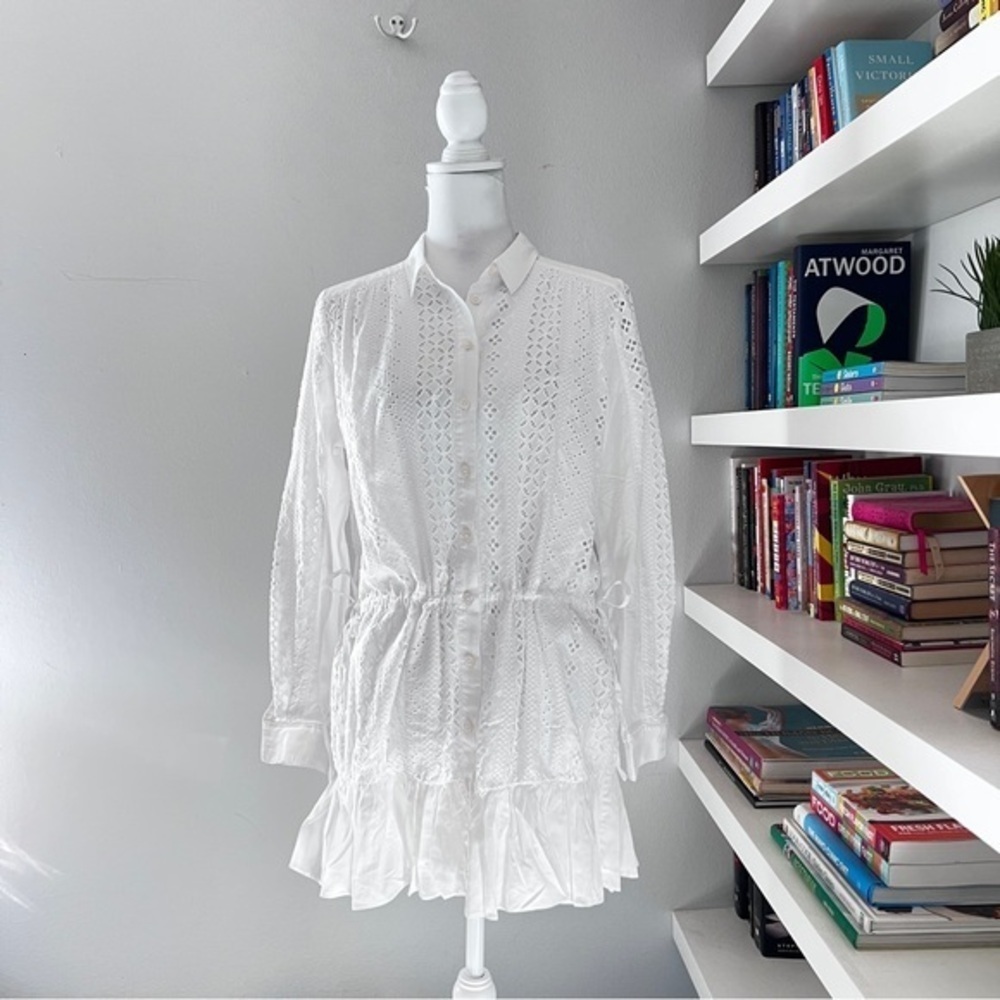 Thakoon White Eyelet Lace Ruffled Hem Button Down Cotton NWT Mini Dress size 4